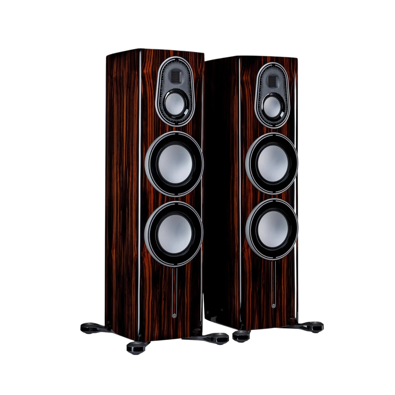 Salon 1 Audio Monitor Audio Platinum 300 3G floorstanding speakers in a polished piano ebony wood finish.