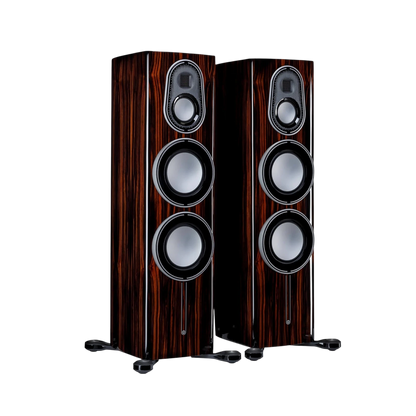 Salon 1 Audio Monitor Audio Platinum 300 3G floorstanding speakers in a polished piano ebony wood finish.