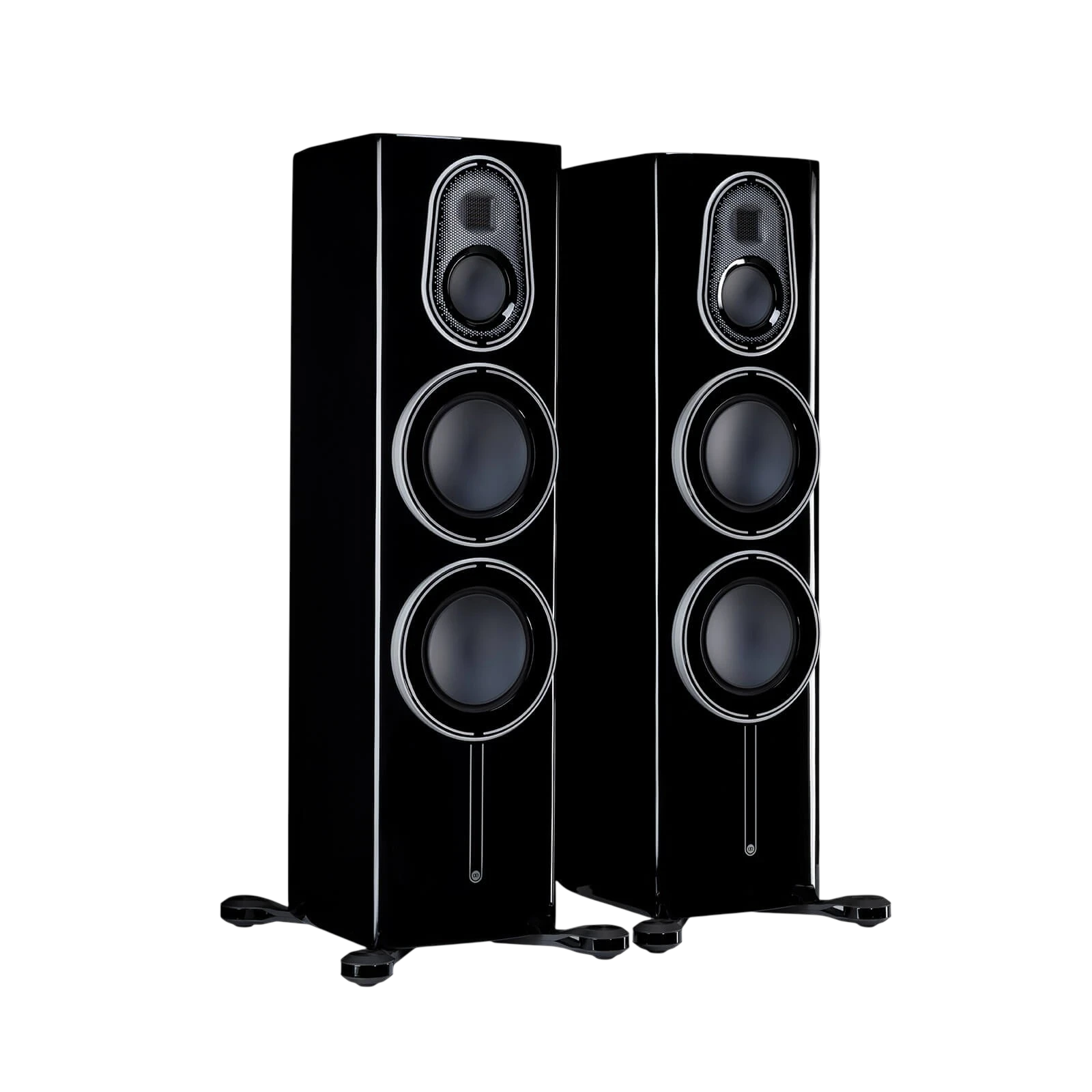 Salon 1 Audio Monitor Audio Platinum 300 3G floorstanding speakers in piano black finish against a black background.