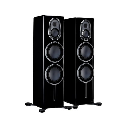 Salon 1 Audio Monitor Audio Platinum 300 3G floorstanding speakers in piano black finish against a black background.