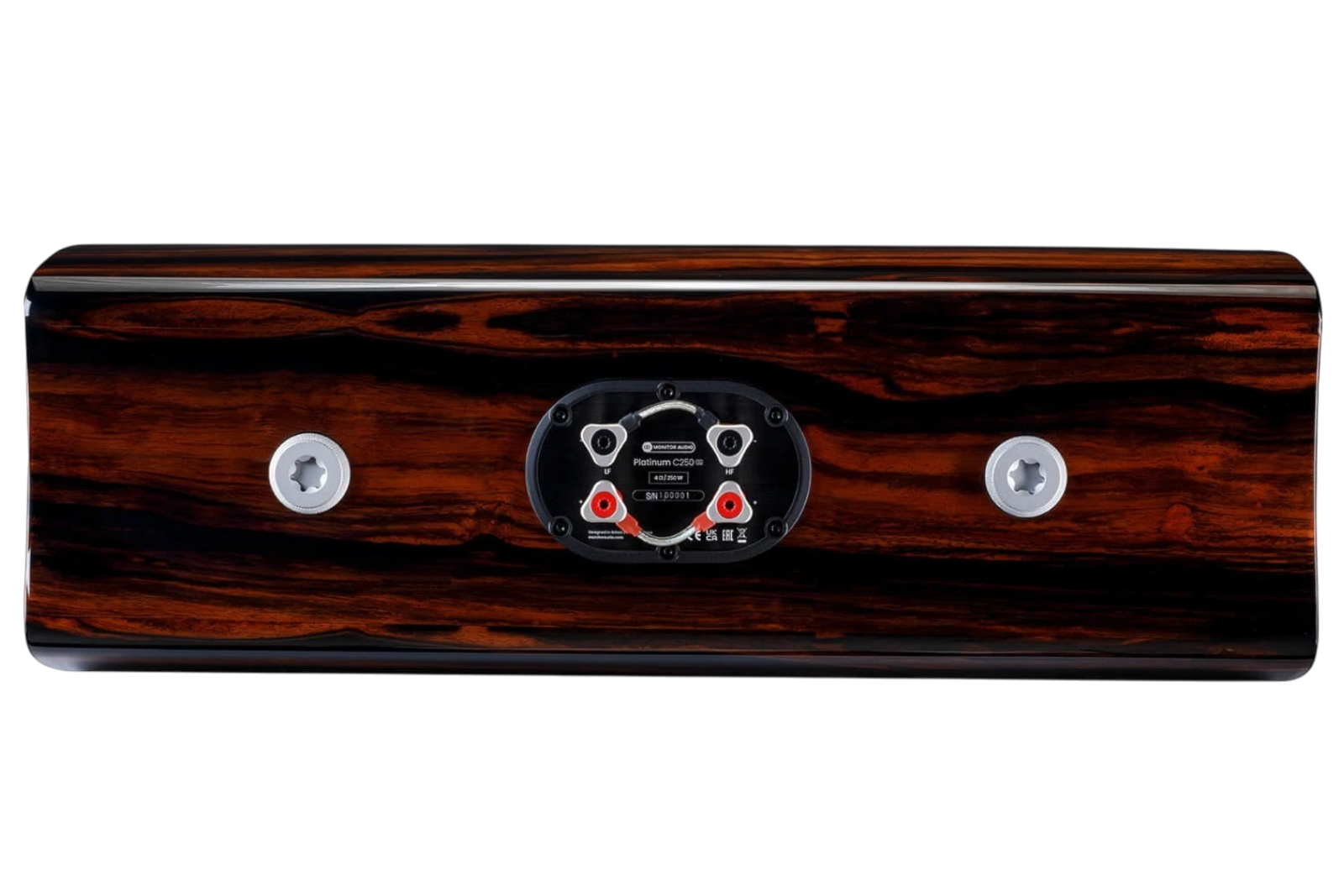 Salon 1 Audio Monitor Audio Platinum C250 3G center channel speaker rear panel with high-gloss ebony wood finish