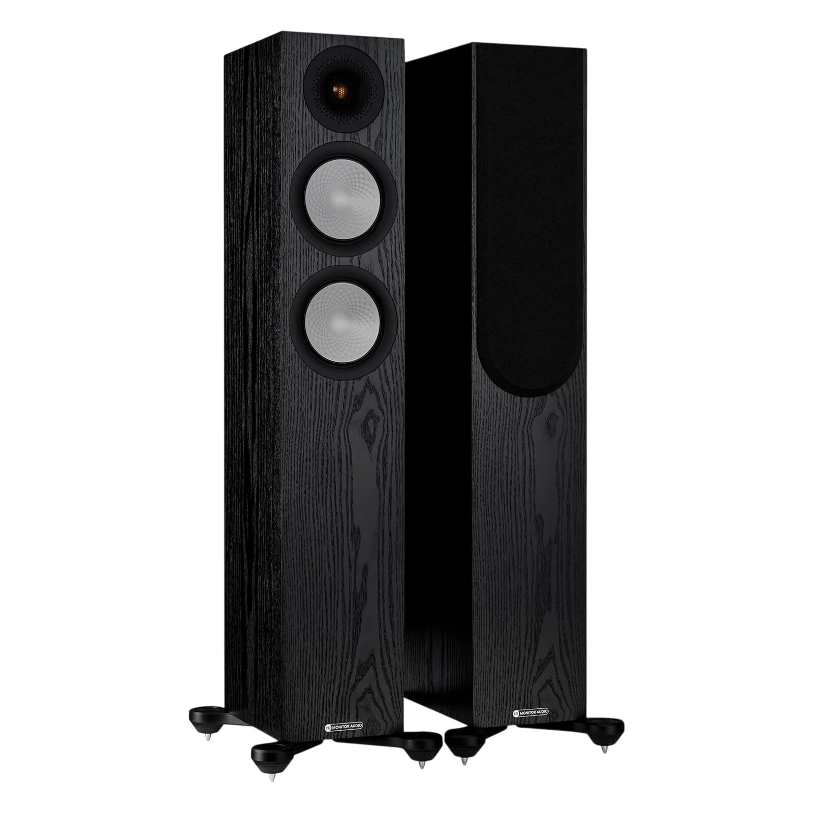 Salon 1 Audio Monitor Audio Silver 200 7G black oak floorstanding speakers with visible drivers and outrigger feet.