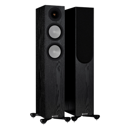 Salon 1 Audio Monitor Audio Silver 200 7G black oak floorstanding speakers with visible drivers and outrigger feet.