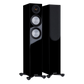 Salon 1 Audio Monitor Audio Silver 200 7G floorstanding speakers in high gloss black with exposed drivers and grilles.