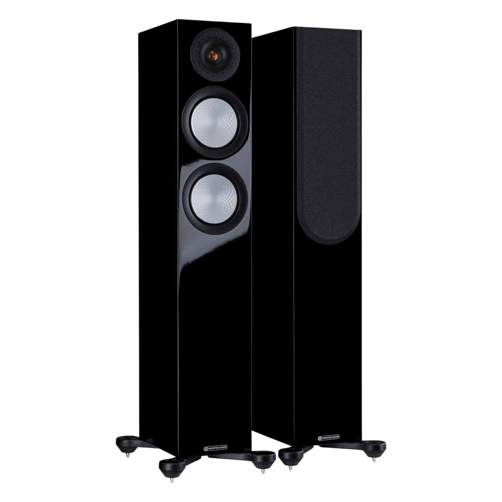Salon 1 Audio Monitor Audio Silver 200 7G floorstanding speakers in high gloss black with exposed drivers and grilles.
