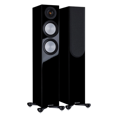 Salon 1 Audio Monitor Audio Silver 200 7G floorstanding speakers in high gloss black with exposed drivers and grilles.