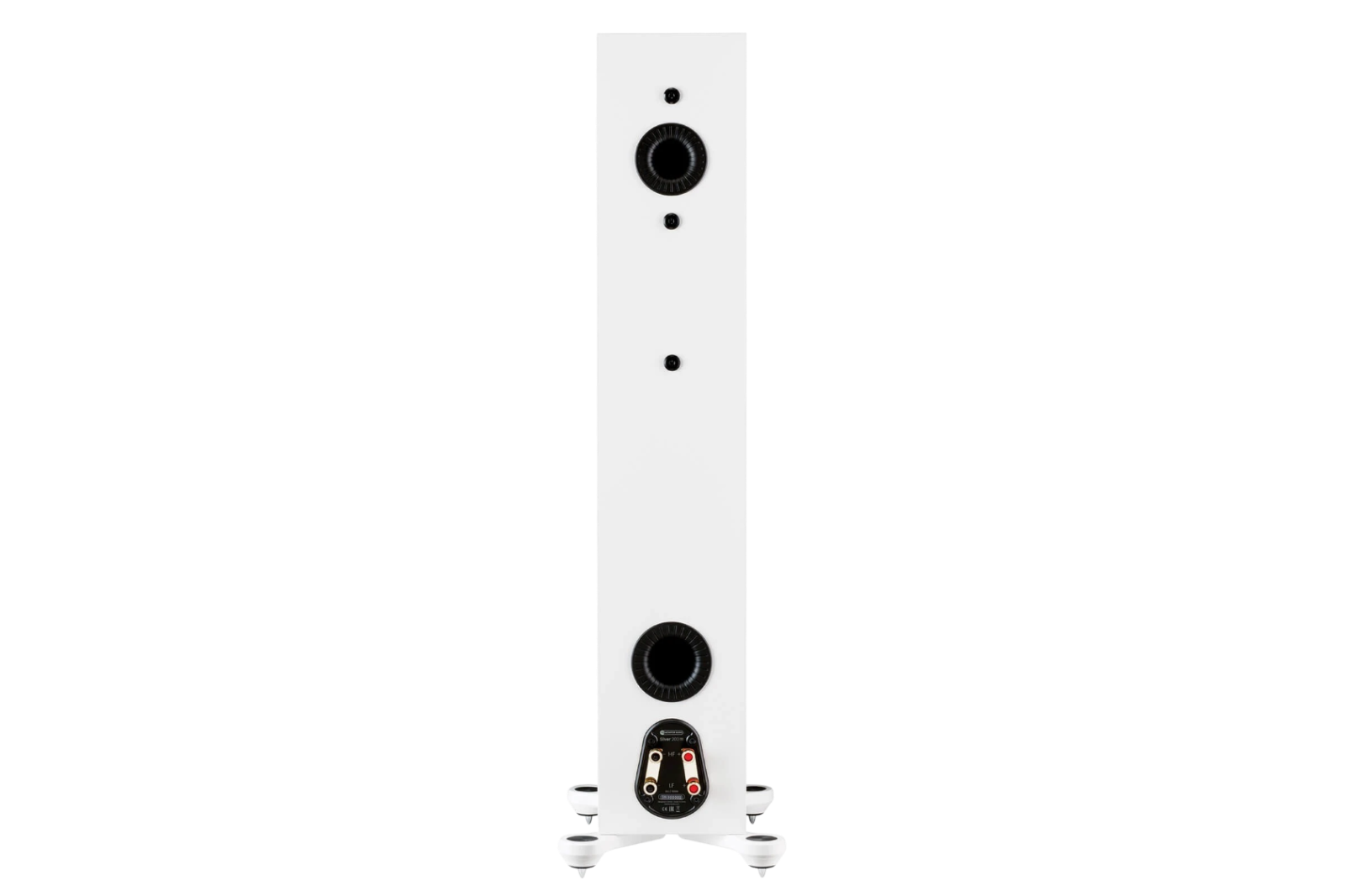 Salon 1 Audio Monitor Audio Silver 200 7G floorstanding speaker in satin white, rear view showing dual bass reflex ports.