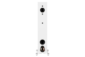 Salon 1 Audio Monitor Audio Silver 200 7G floorstanding speaker in satin white, rear view showing dual bass reflex ports.