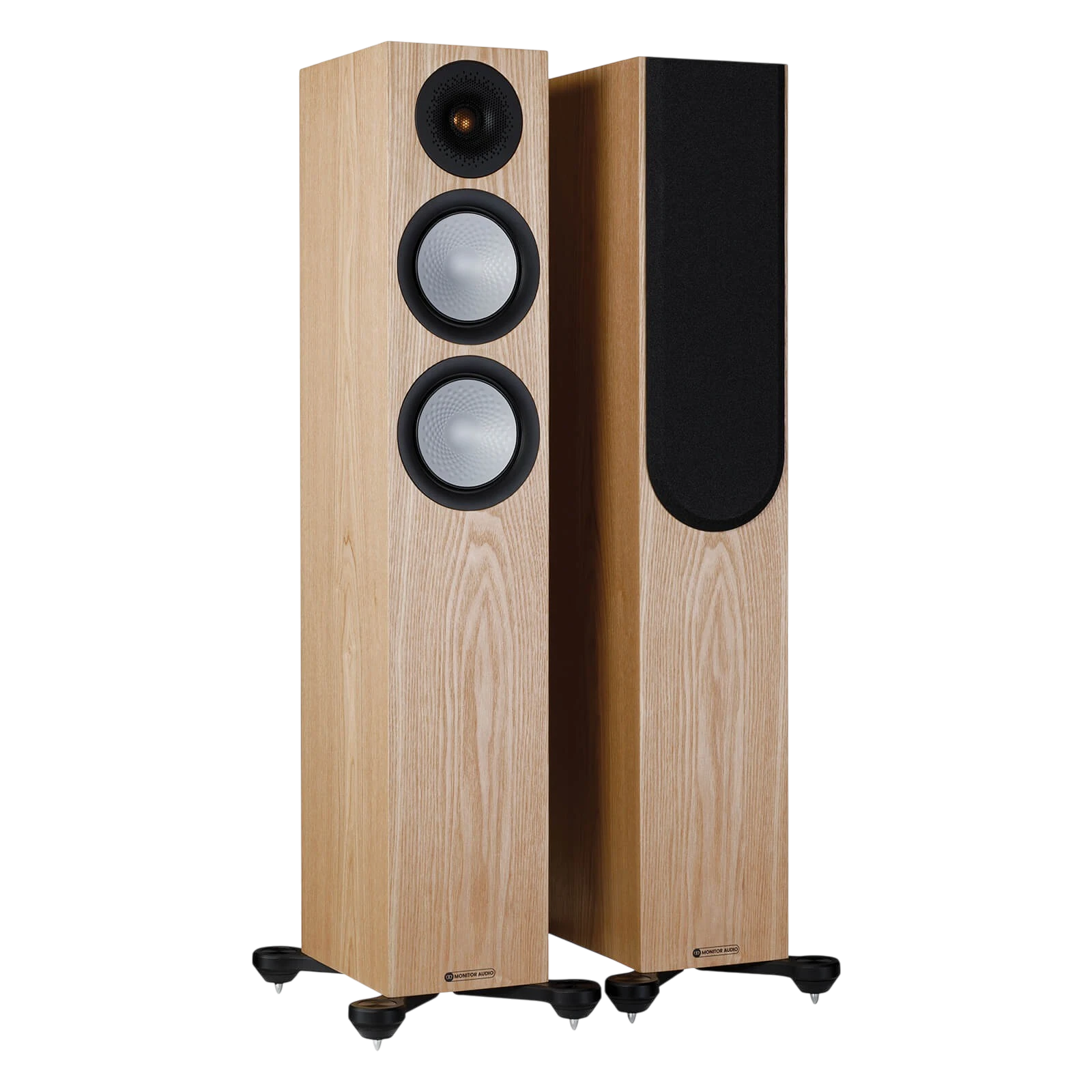 Salon 1 Audio Monitor Audio Silver 200 7G floorstanding speakers in natural wood veneer with C-CAM drivers.