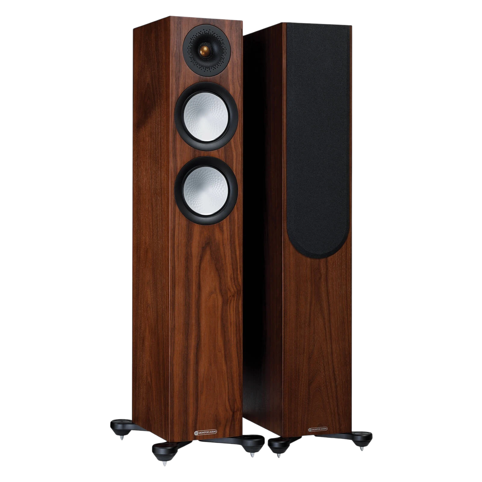 Salon 1 Audio Monitor Audio Silver 200 7G floorstanding speakers in natural walnut finish with outrigger feet