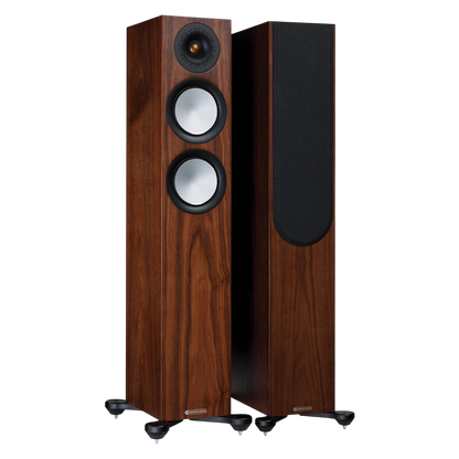 Salon 1 Audio Monitor Audio Silver 200 7G floorstanding speakers in natural walnut finish with outrigger feet