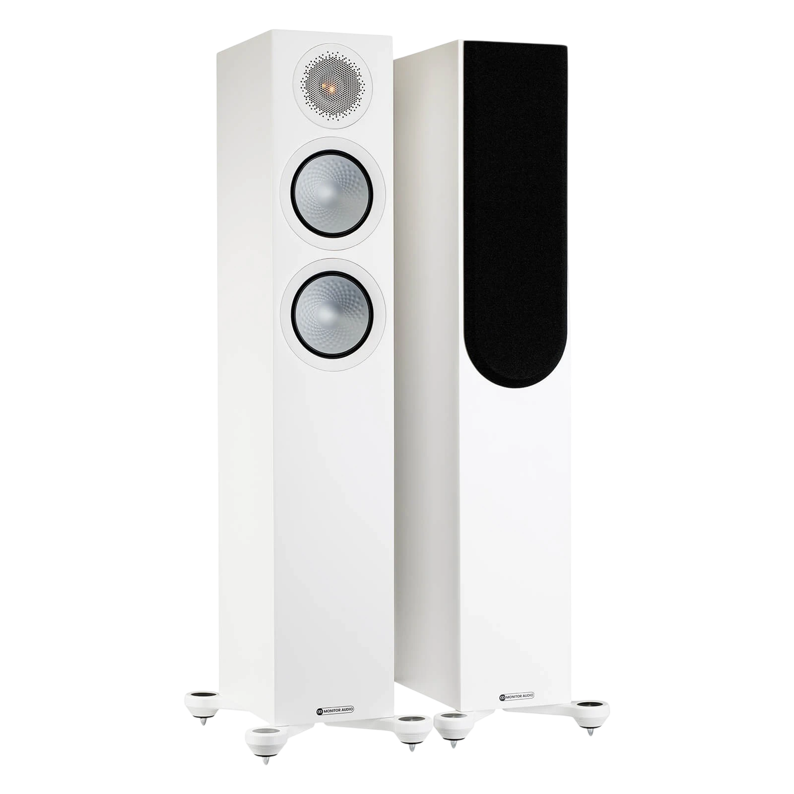 Salon 1 Audio Monitor Audio Silver 200 7G floorstanding speakers in satin white with dual drivers and outrigger feet.