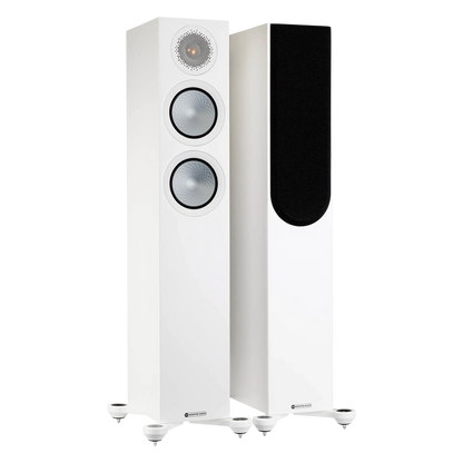 Salon 1 Audio Monitor Audio Silver 200 7G floorstanding speakers in satin white with dual drivers and outrigger feet.