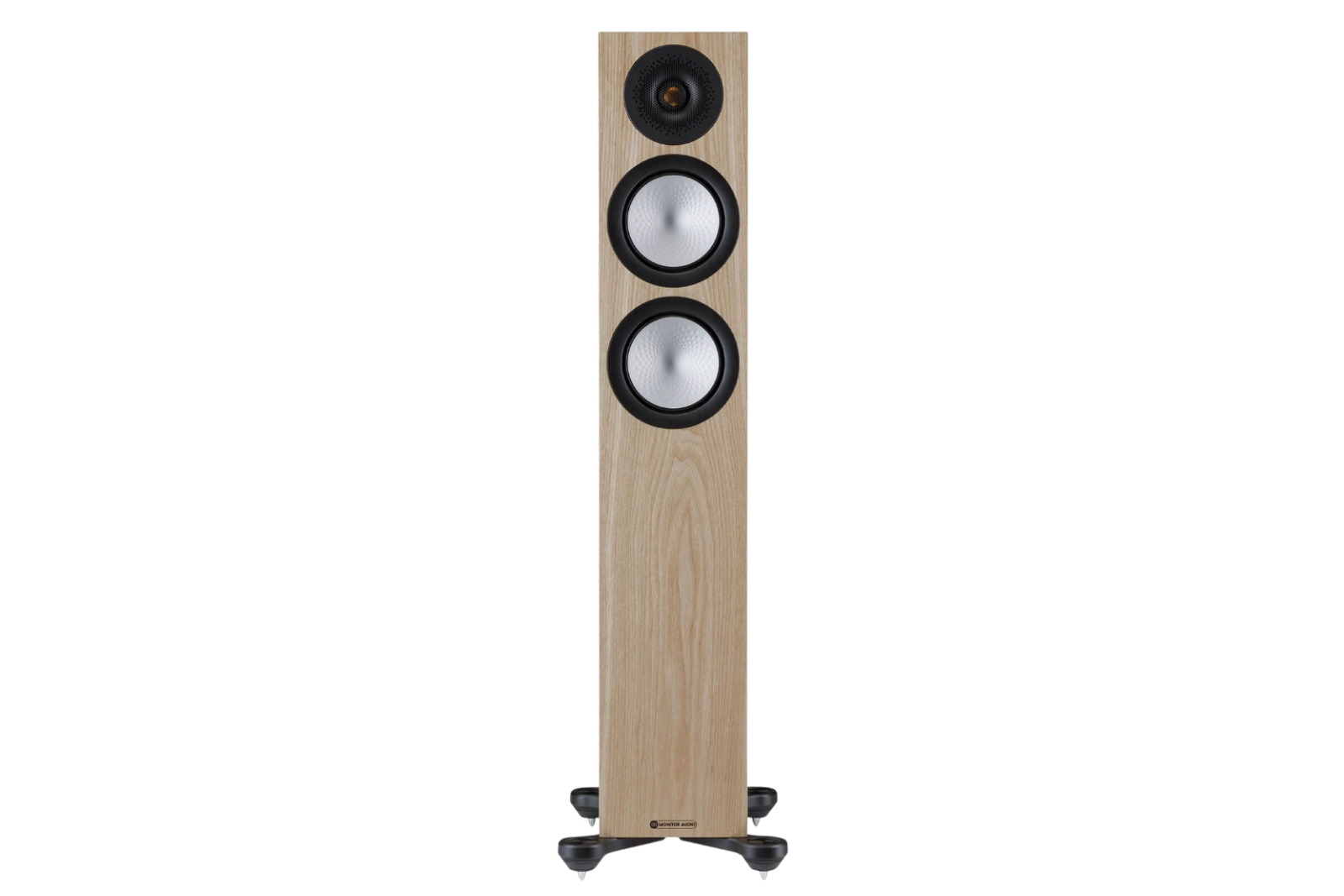 Salon 1 Audio Monitor Audio Silver 200 7G floorstanding speaker in natural wood finish with silver RST II drivers.