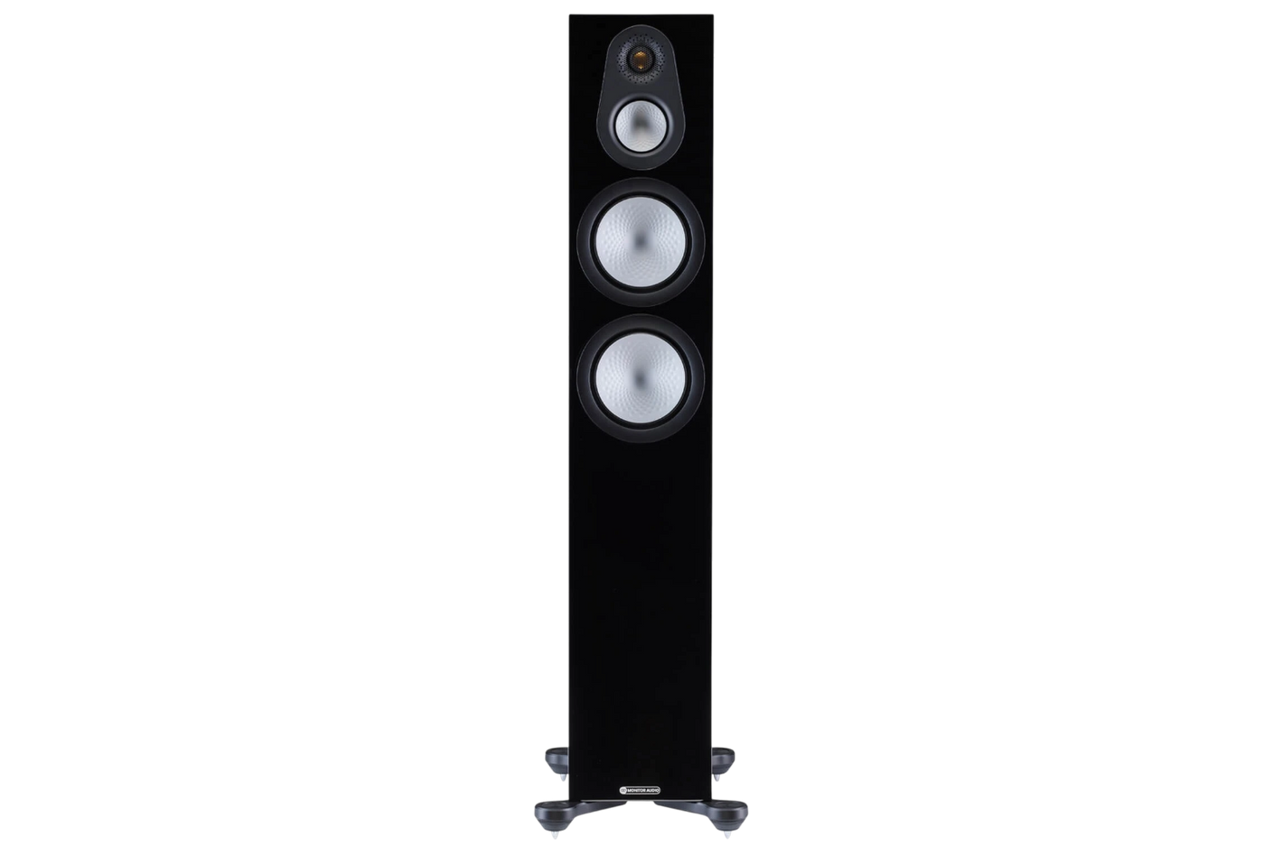 Salon 1 Audio Monitor Audio Silver 300 7G black floorstanding speaker with RST II drivers and gold dome tweeter.