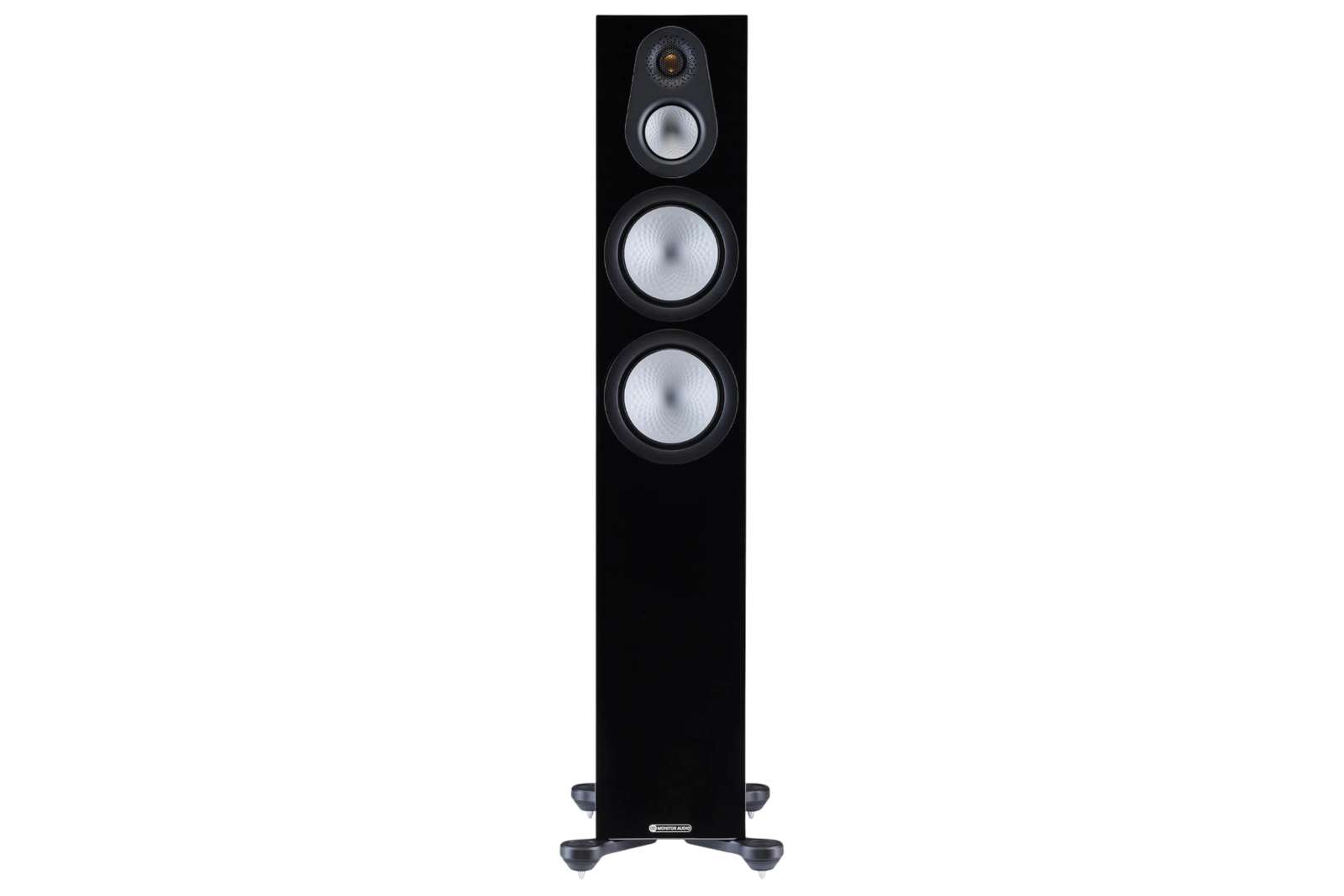 Salon 1 Audio Monitor Audio Silver 300 7G black floorstanding speaker with RST II drivers and gold dome tweeter.