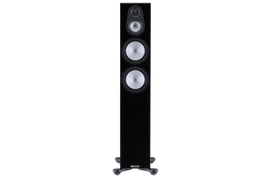 Salon 1 Audio Monitor Audio Silver 300 7G black floorstanding speaker with RST II drivers and gold dome tweeter.