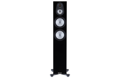 Salon 1 Audio Monitor Audio Silver 300 7G black floorstanding speaker with RST II drivers and gold dome tweeter.