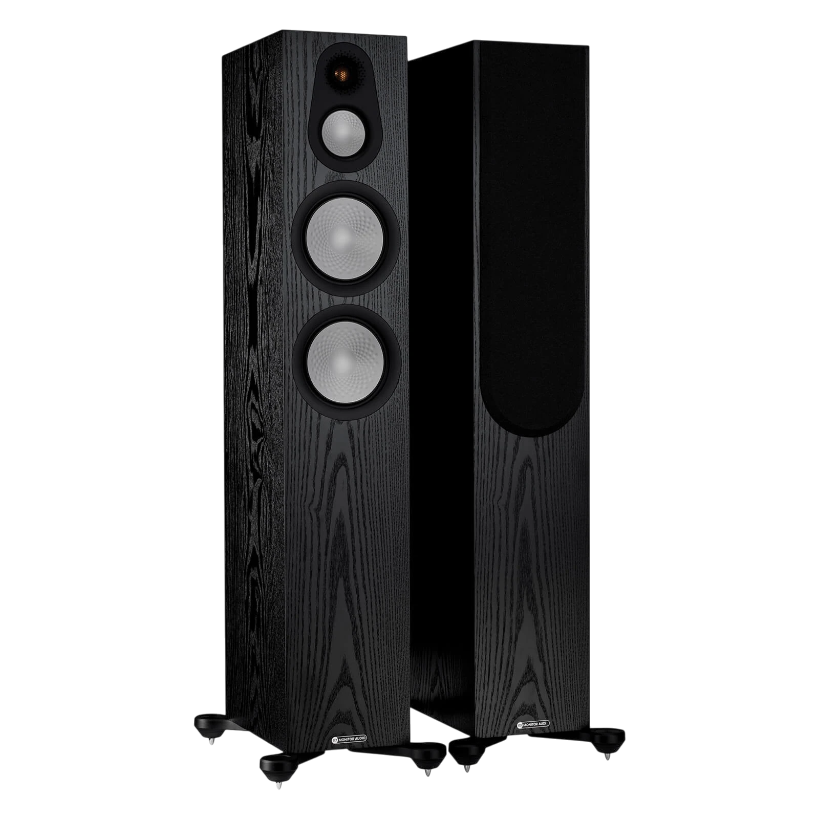 Salon 1 Audio Monitor Audio Silver 300 7G floorstanding speakers in black oak finish with three visible drivers.