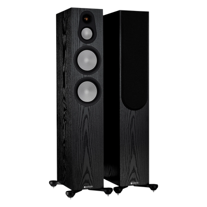 Salon 1 Audio Monitor Audio Silver 300 7G floorstanding speakers in black oak finish with three visible drivers.