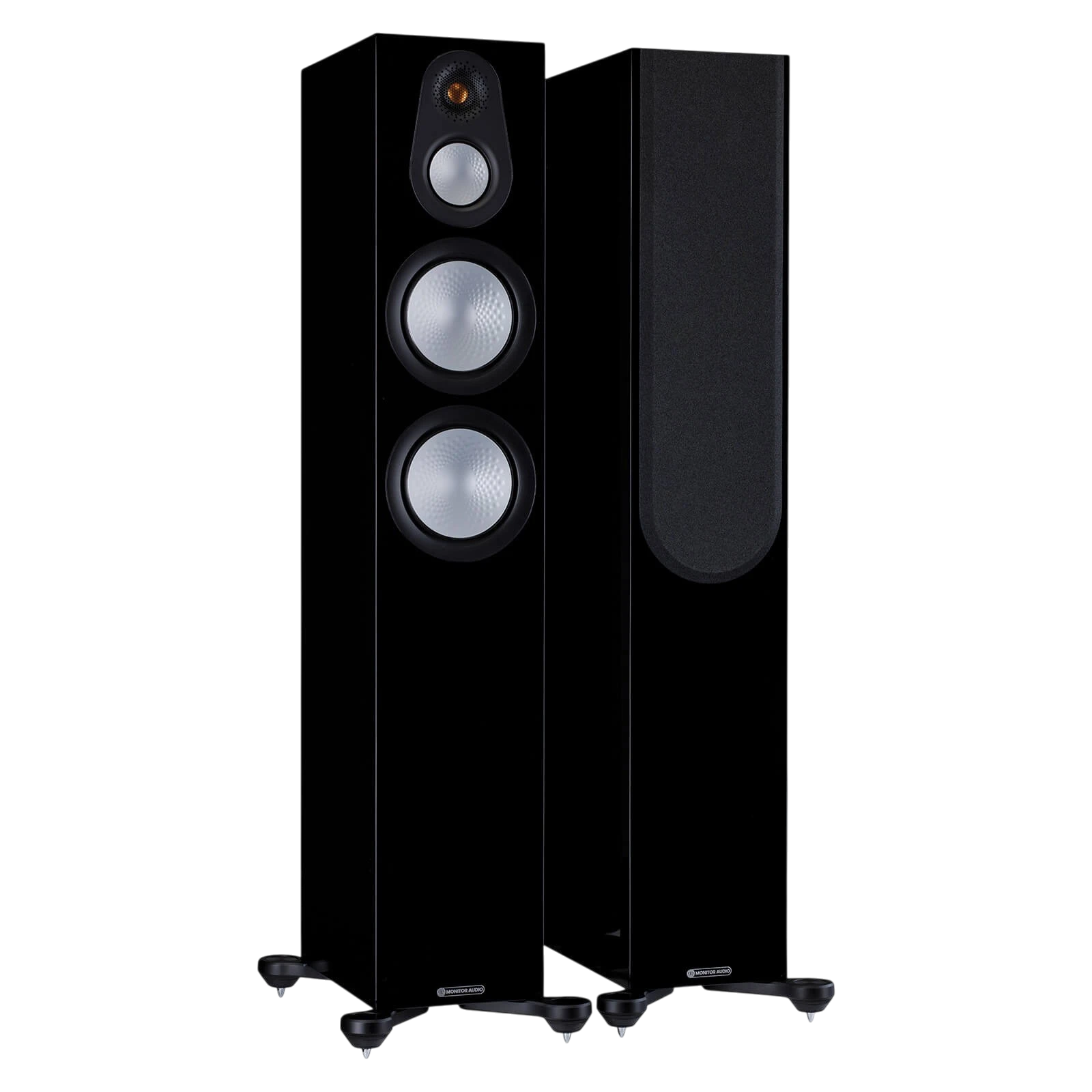 Salon 1 Audio Monitor Audio Silver 300 7G black floorstanding speakers with exposed drivers and one with grille on.