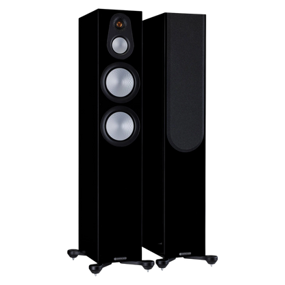 Salon 1 Audio Monitor Audio Silver 300 7G black floorstanding speakers with exposed drivers and one with grille on.