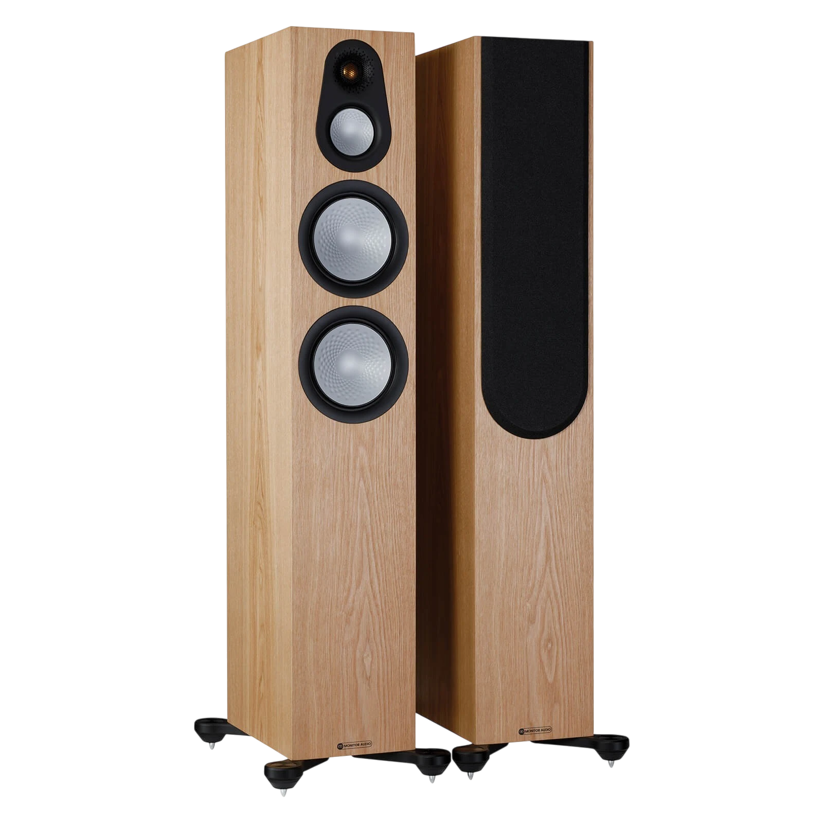 Salon 1 Audio Monitor Audio Silver 300 7G floorstanding speakers in natural wood veneer with outrigger feet