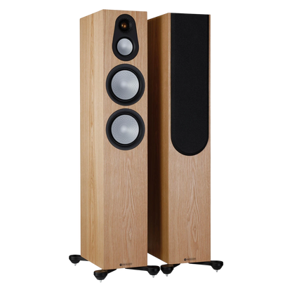 Salon 1 Audio Monitor Audio Silver 300 7G floorstanding speakers in natural wood veneer with outrigger feet