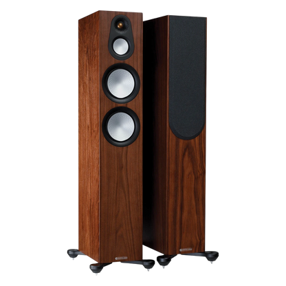 Salon 1 Audio Monitor Audio Silver 300 7G walnut floorstanding speakers with RST II drivers and outrigger feet.