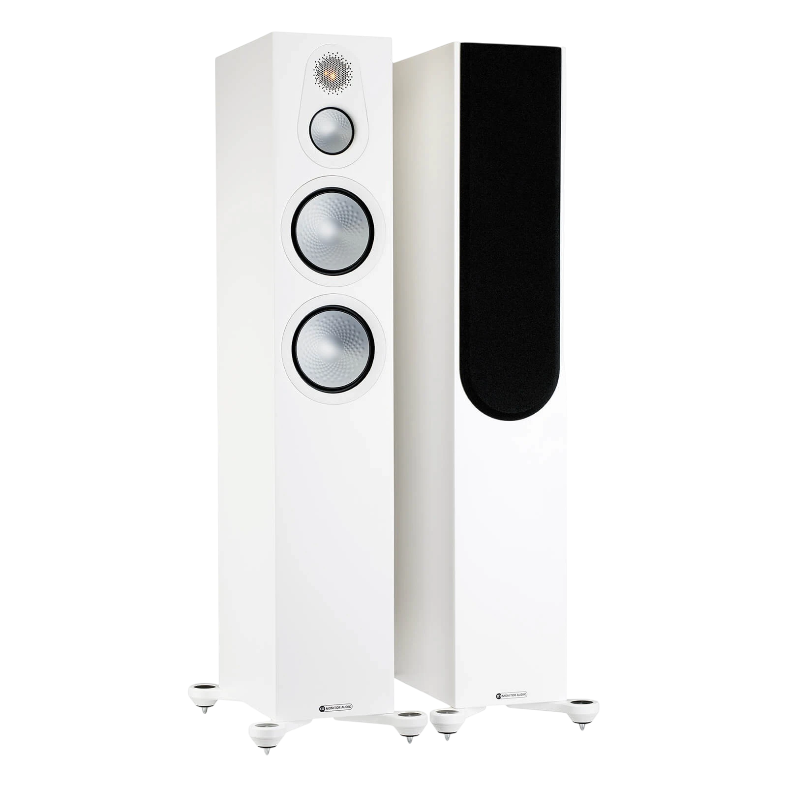 Salon 1 Audio Monitor Audio Silver 300 7G white floorstanding speakers with C-CAM drivers and outrigger feet