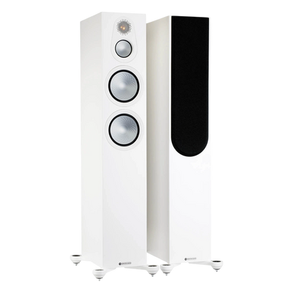 Salon 1 Audio Monitor Audio Silver 300 7G white floorstanding speakers with C-CAM drivers and outrigger feet