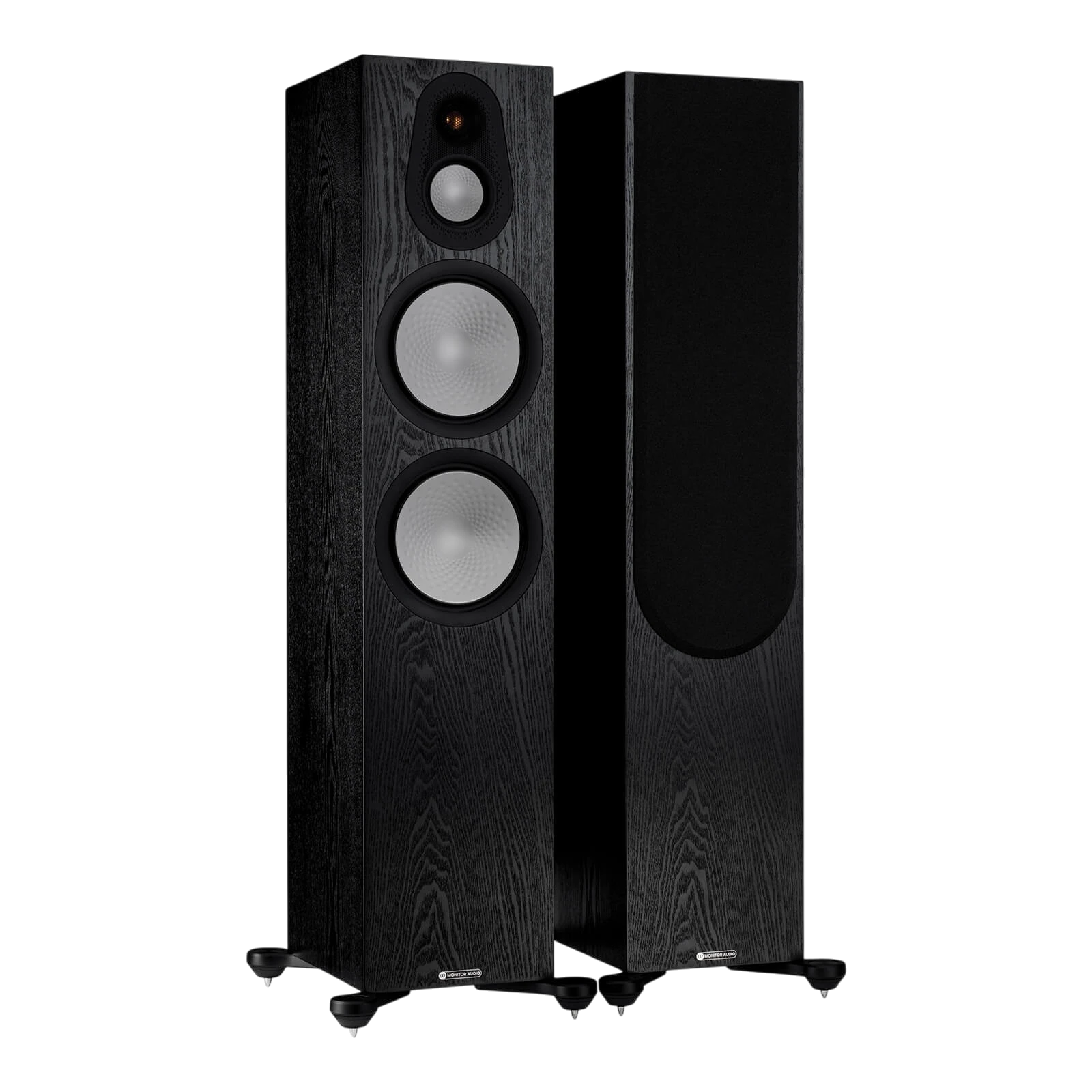 Salon 1 Audio Monitor Audio Silver 500 7G black floorstanding speakers with exposed drivers and one with grille on.