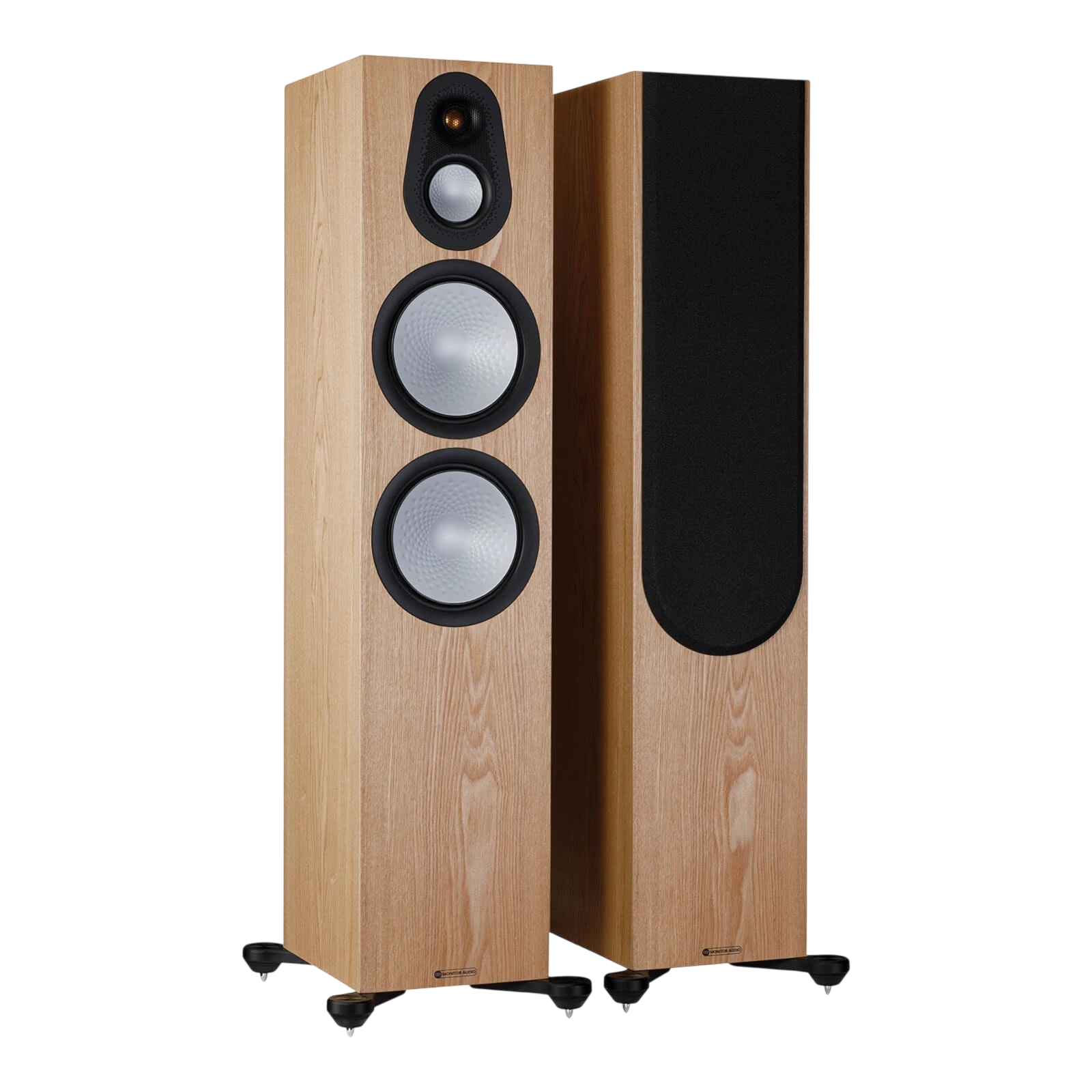 Salon 1 Audio Monitor Audio Silver 500 7G floorstanding speakers in natural walnut finish with outrigger feet.
