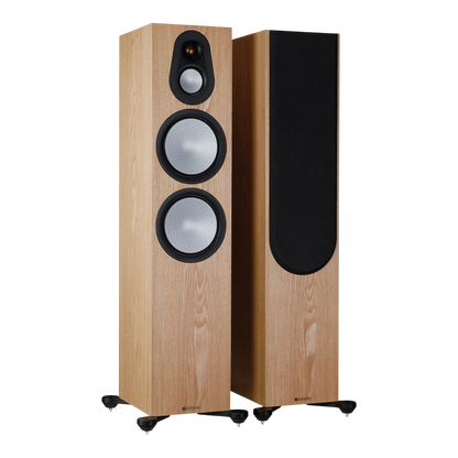 Salon 1 Audio Monitor Audio Silver 500 7G floorstanding speakers in natural walnut finish with outrigger feet.