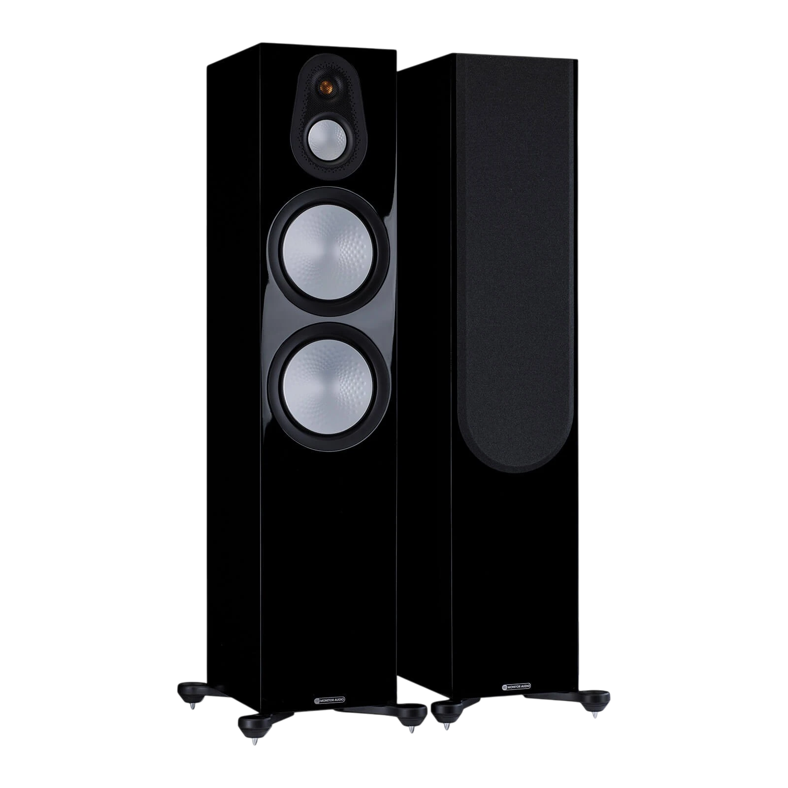 Salon 1 Audio Monitor Audio Silver 500 7G floorstanding speakers in high gloss black with exposed drivers