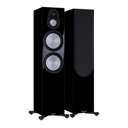 Salon 1 Audio Monitor Audio Silver 500 7G floorstanding speakers in high gloss black with exposed drivers