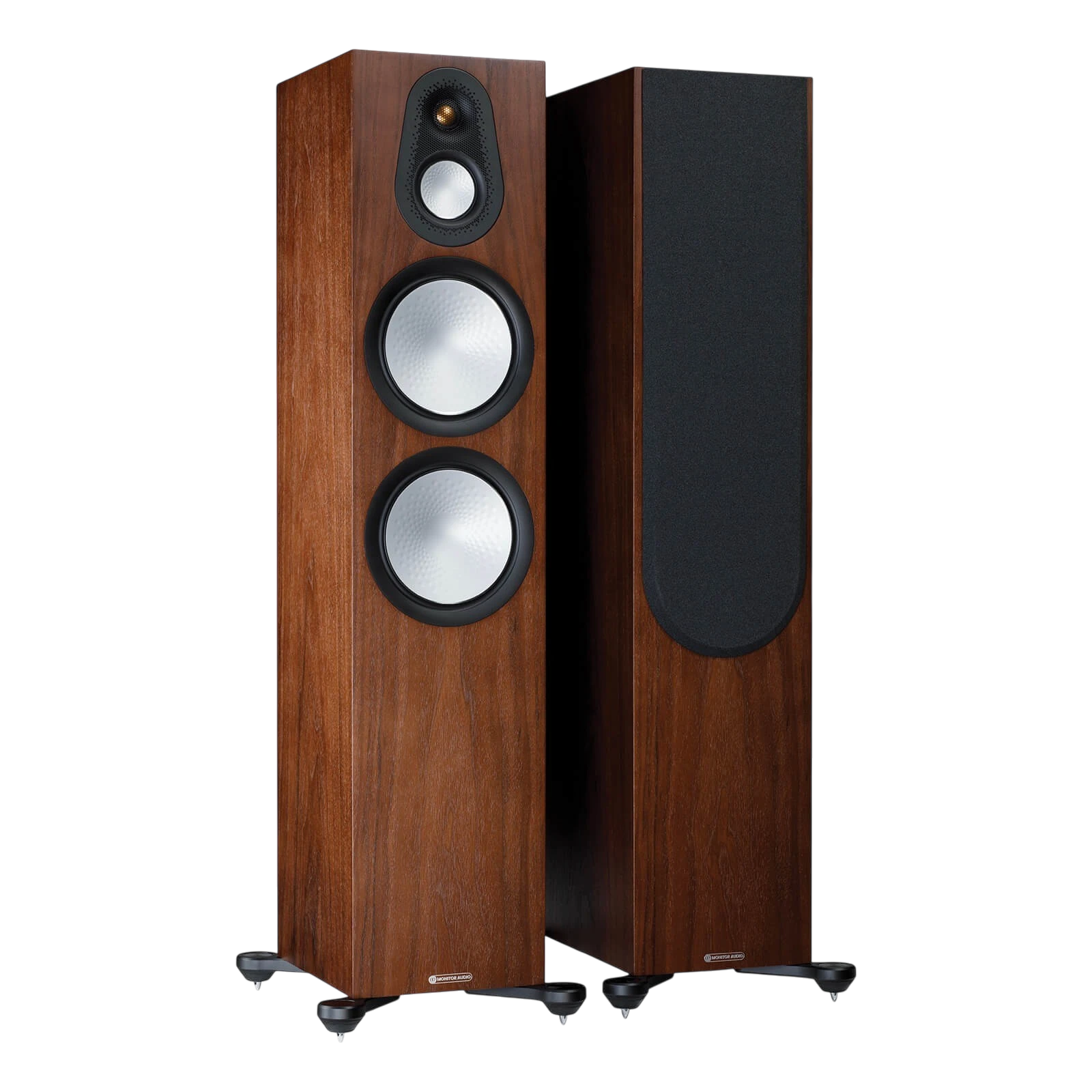 Salon 1 Audio Monitor Audio Silver 500 7G floorstanding speakers in natural walnut finish with exposed drivers.