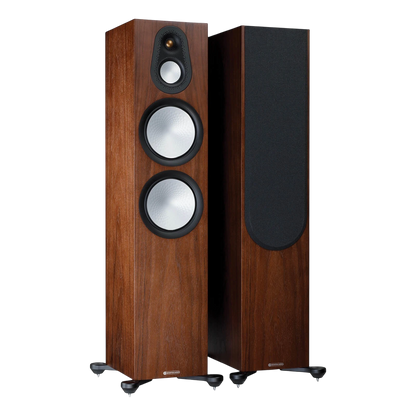 Salon 1 Audio Monitor Audio Silver 500 7G floorstanding speakers in natural walnut finish with exposed drivers.