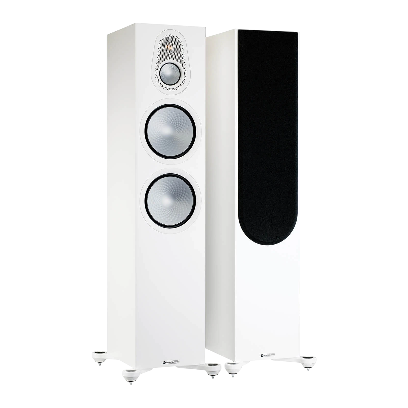 Salon 1 Audio Monitor Audio Silver 500 7G floorstanding speakers in satin white with exposed drivers and black grille.