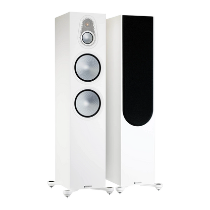 Salon 1 Audio Monitor Audio Silver 500 7G floorstanding speakers in satin white with exposed drivers and black grille.