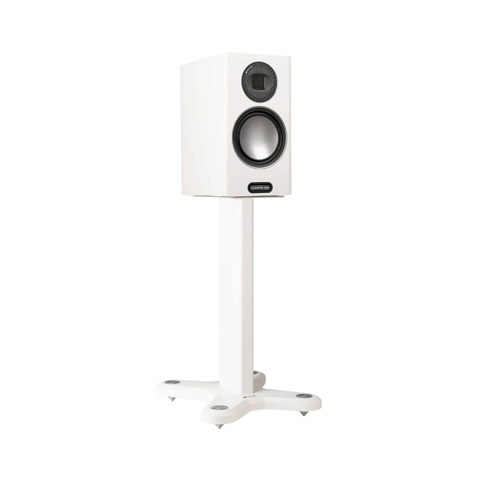 Salon 1 Audio Monitor Audio ST-2 white speaker stand with a mounted white bookshelf speaker on a white background
