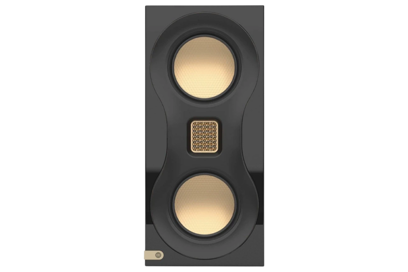 Salon 1 Audio Monitor Audio Studio 89 bookshelf speaker in high-gloss black with gold MTM driver configuration.