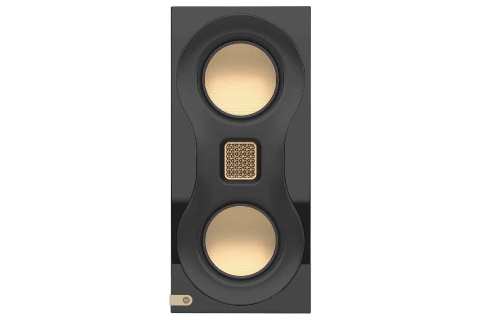Salon 1 Audio Monitor Audio Studio 89 bookshelf speaker in high-gloss black with gold MTM driver configuration.