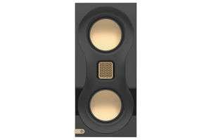 Salon 1 Audio Monitor Audio Studio 89 bookshelf speaker in high-gloss black with gold MTM driver configuration.