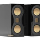 Salon 1 Audio Monitor Audio Studio 89 high-gloss black bookshelf speakers with gold-colored MTM driver configuration.