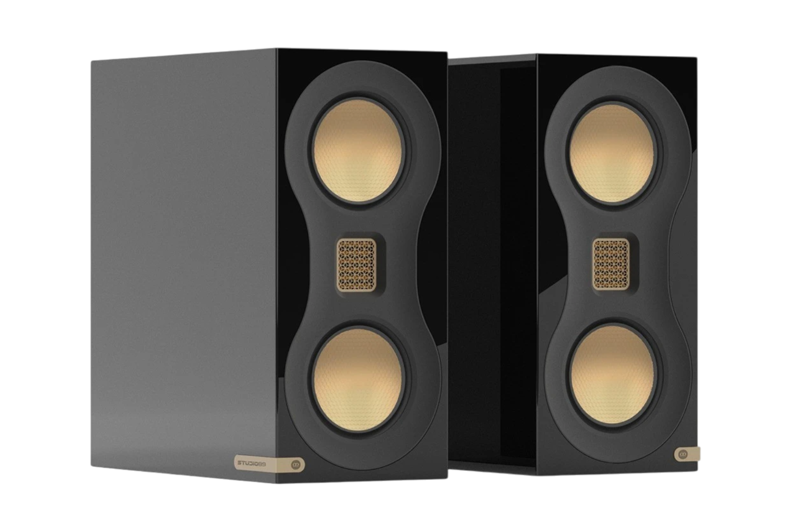 Salon 1 Audio Monitor Audio Studio 89 high-gloss black bookshelf speakers with gold-colored MTM driver configuration.