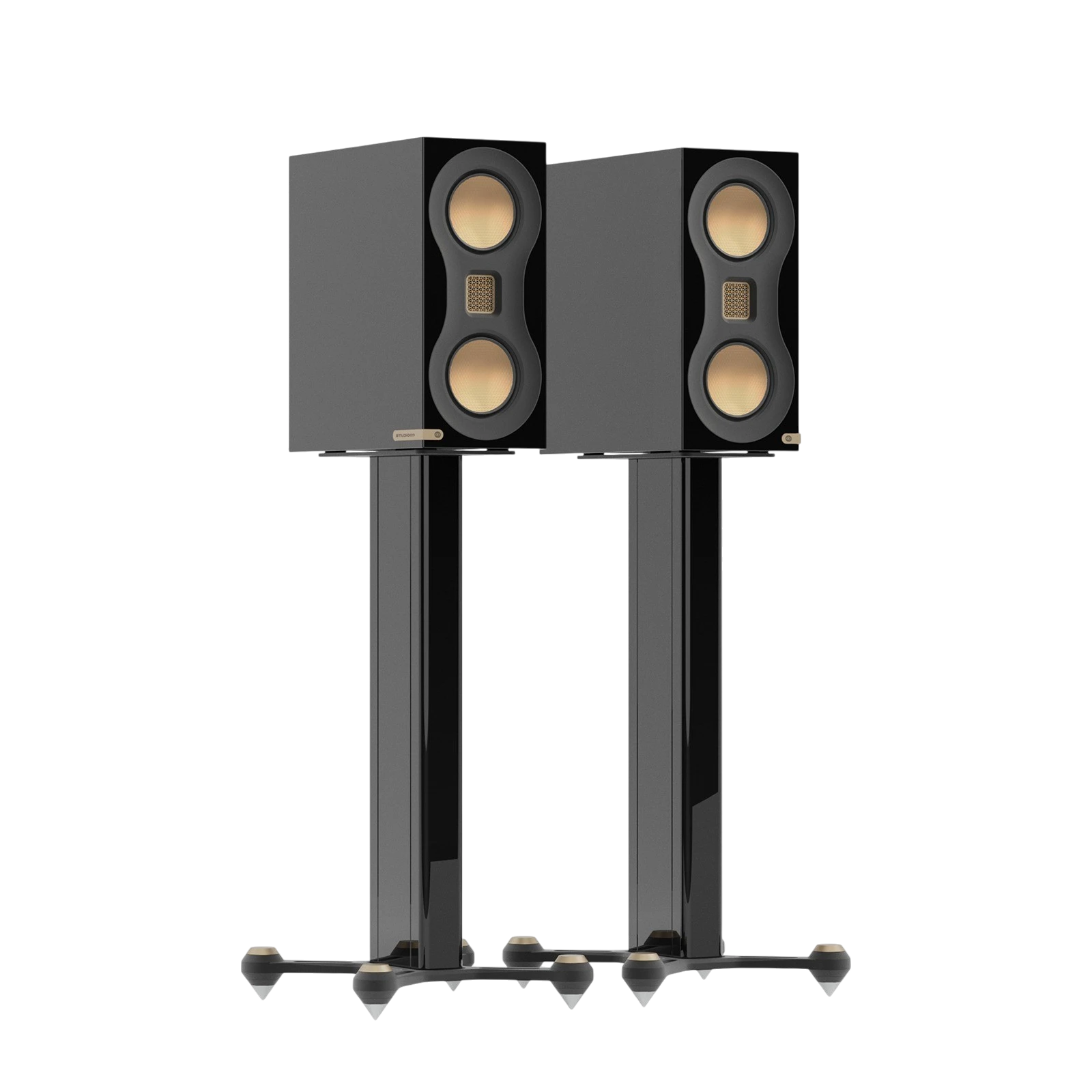 Salon 1 Audio Monitor Audio Studio 89 high-gloss black bookshelf speakers with gold drivers on matching speaker stands