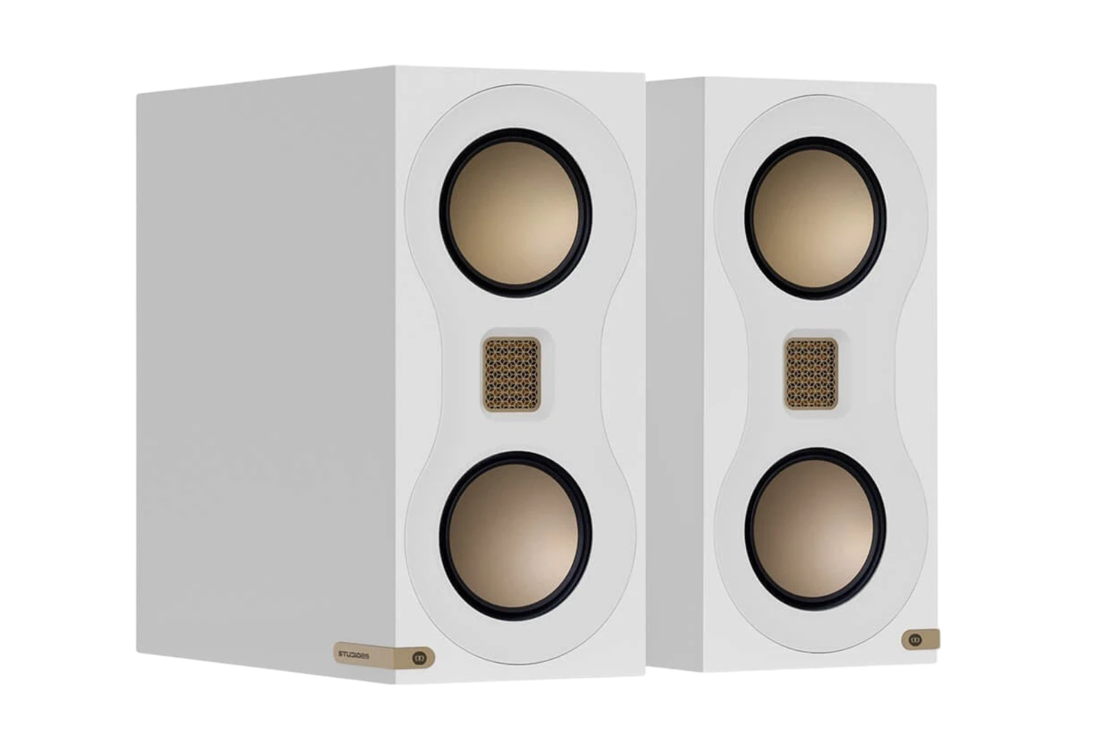 Salon 1 Audio Monitor Audio Studio 89 white bookshelf speakers with gold MTM driver array and MPD III tweeter.