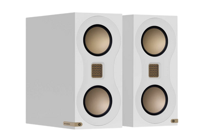 Salon 1 Audio Monitor Audio Studio 89 white bookshelf speakers with gold MTM driver array and MPD III tweeter.