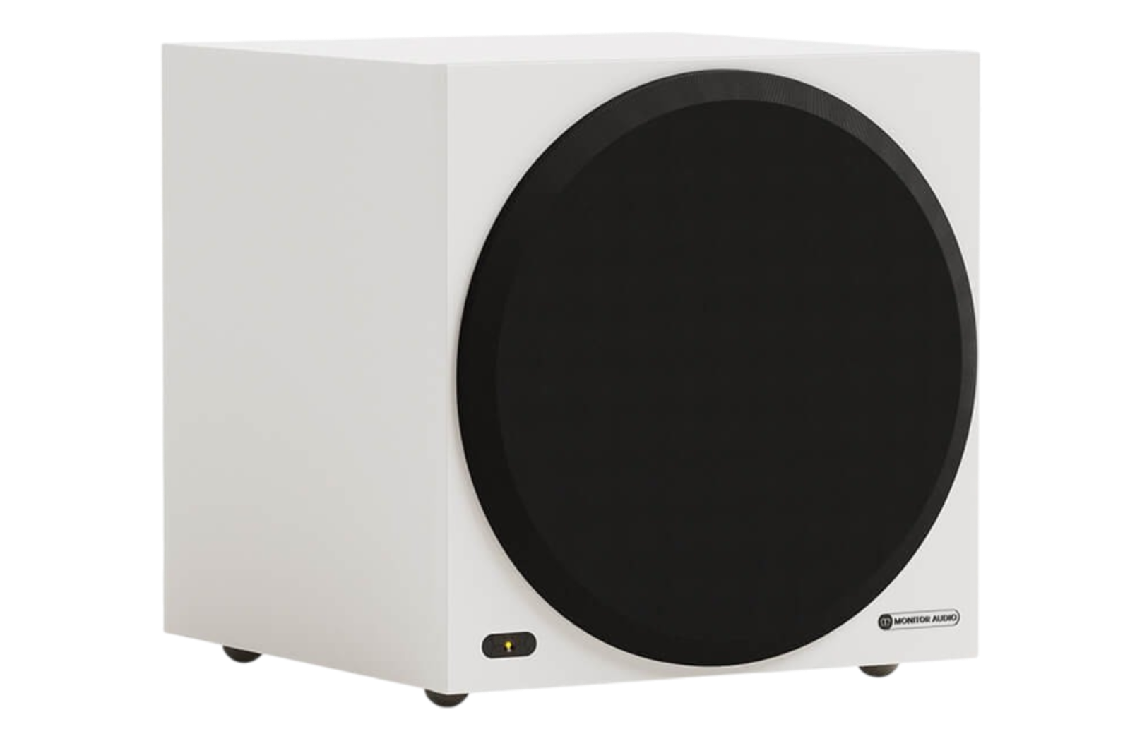 Salon 1 Audio Monitor Audio Vestra W10 compact white powered subwoofer with a black circular front grille